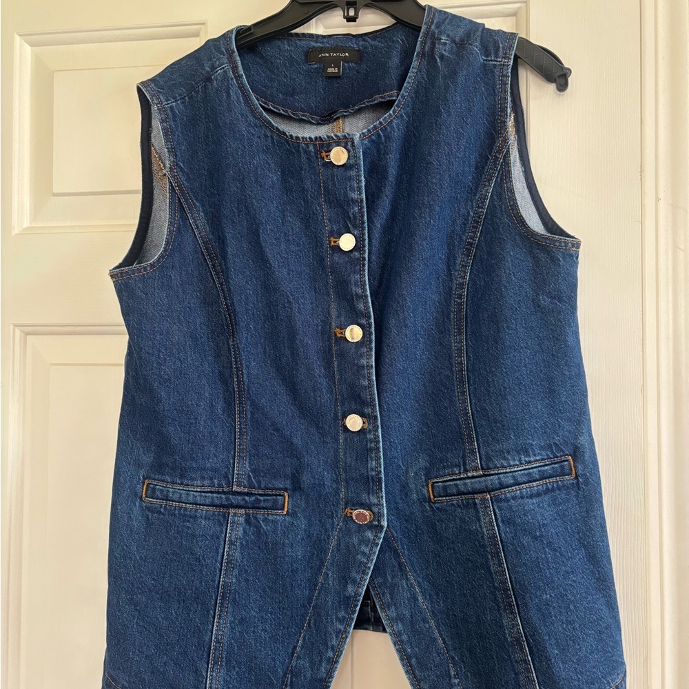Ann Taylor Dark Blue Denim Vest with Gold Buttons